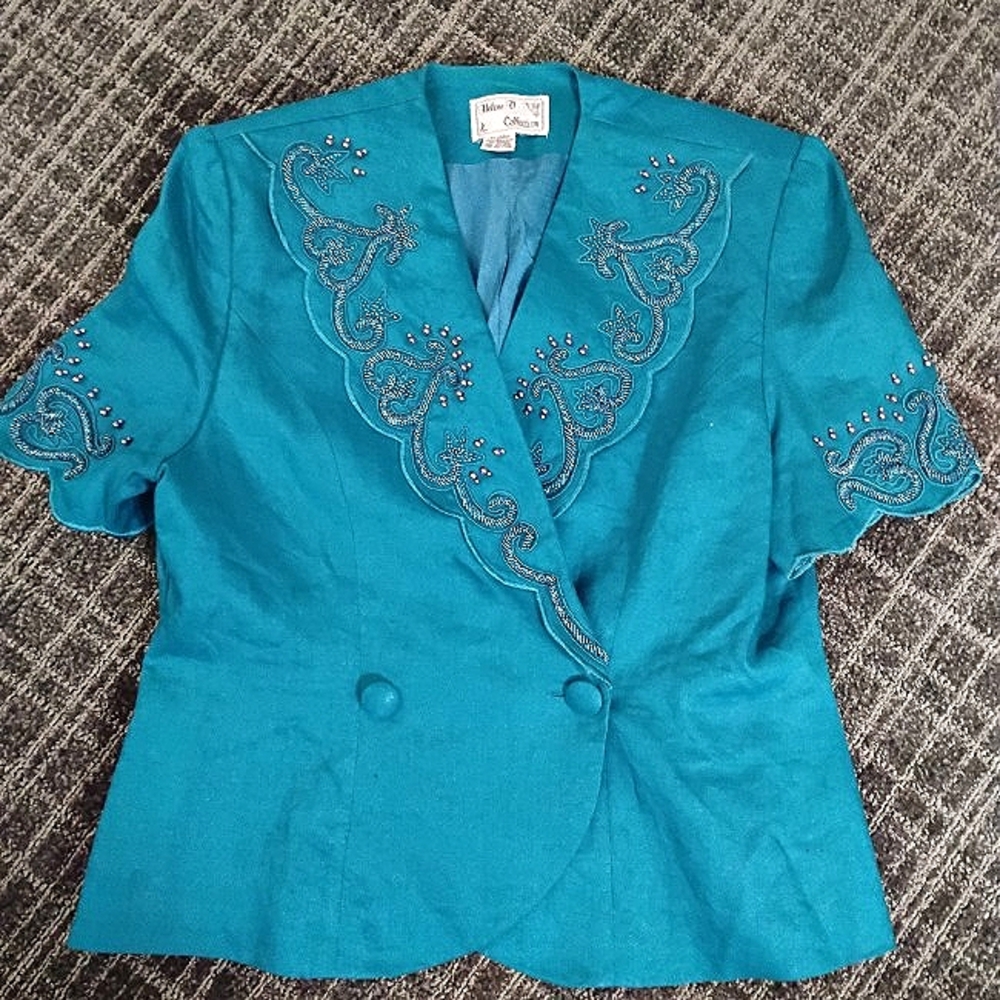 Elegant Embroidered Beaded Studded Double Breasted Scalloped Sleeves Jacket XL